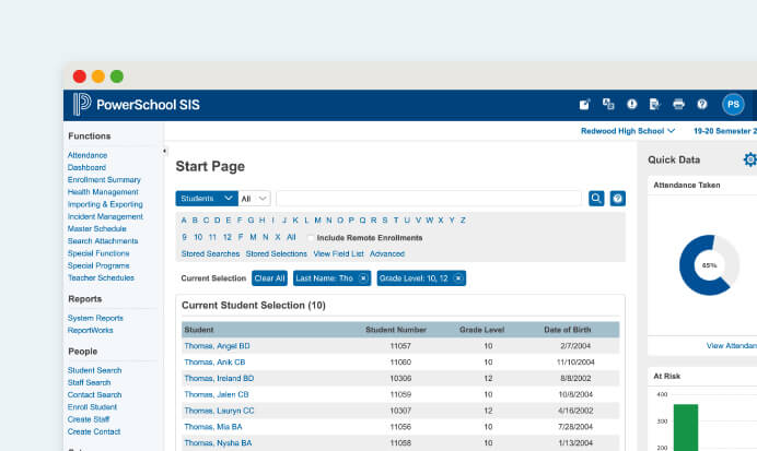 PowerSchool student information system screenshot showing a start screen with student enrollment